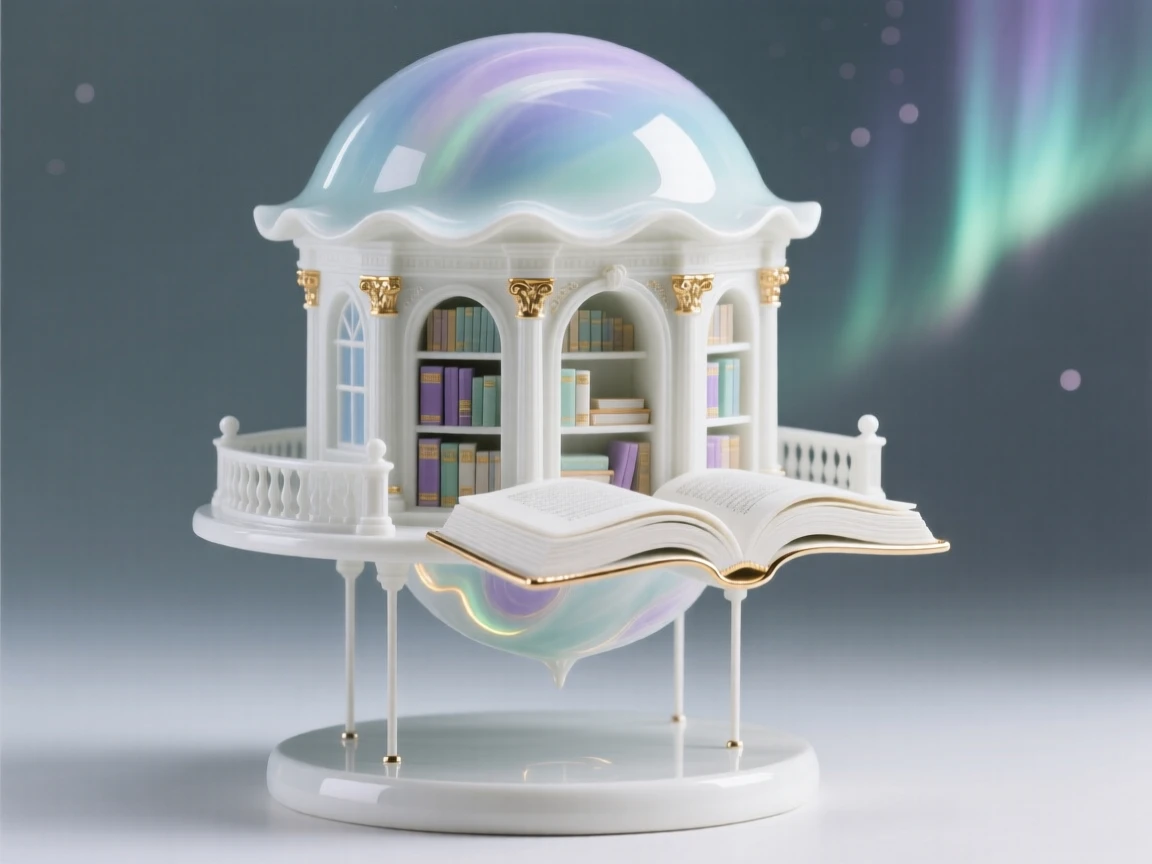 A magical floating library with glowing books, colors shifting like an aurora overhead.