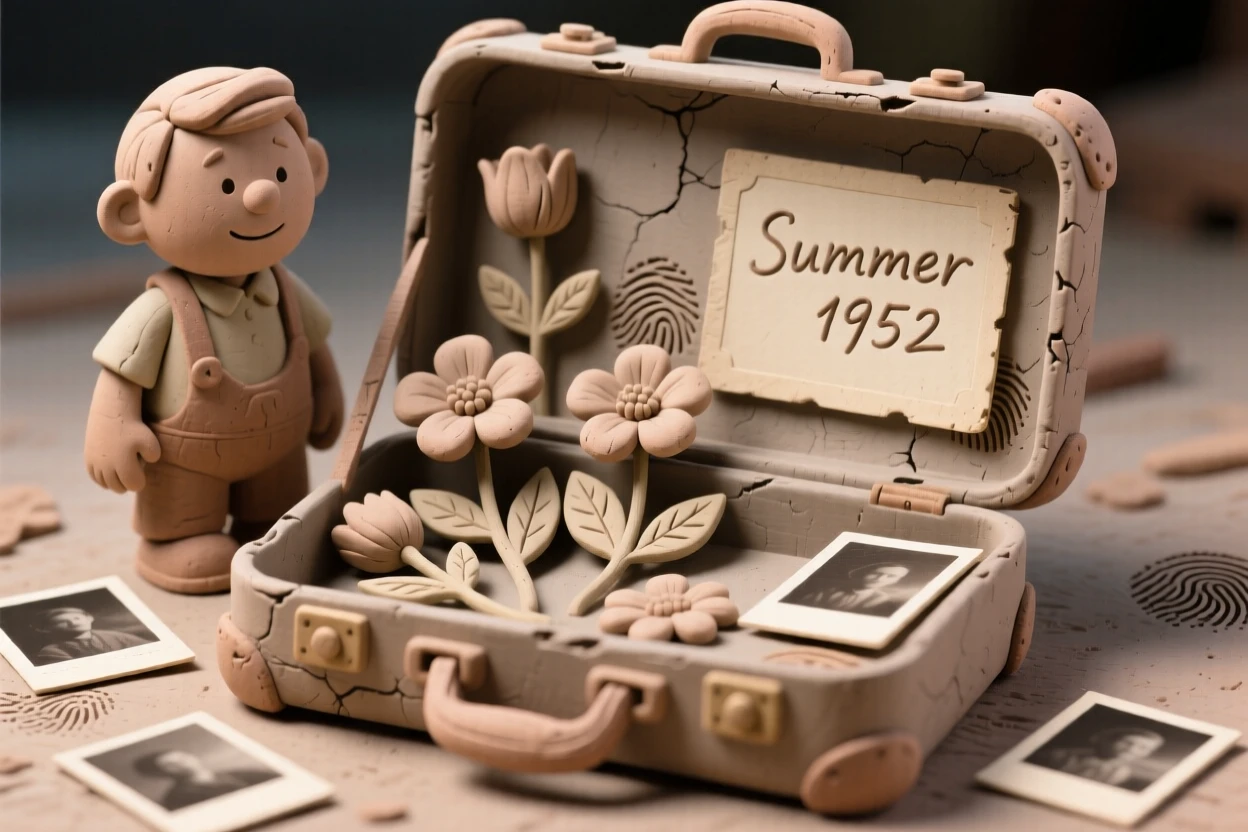 A vintage suitcase open to reveal pressed flowers and old photographs