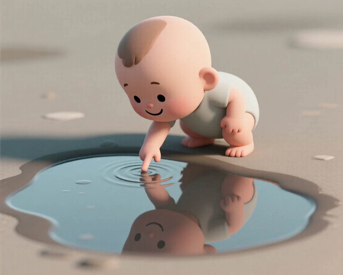 A curious toddler discovers their own reflection in a puddle, poking at the rippling water with delight.