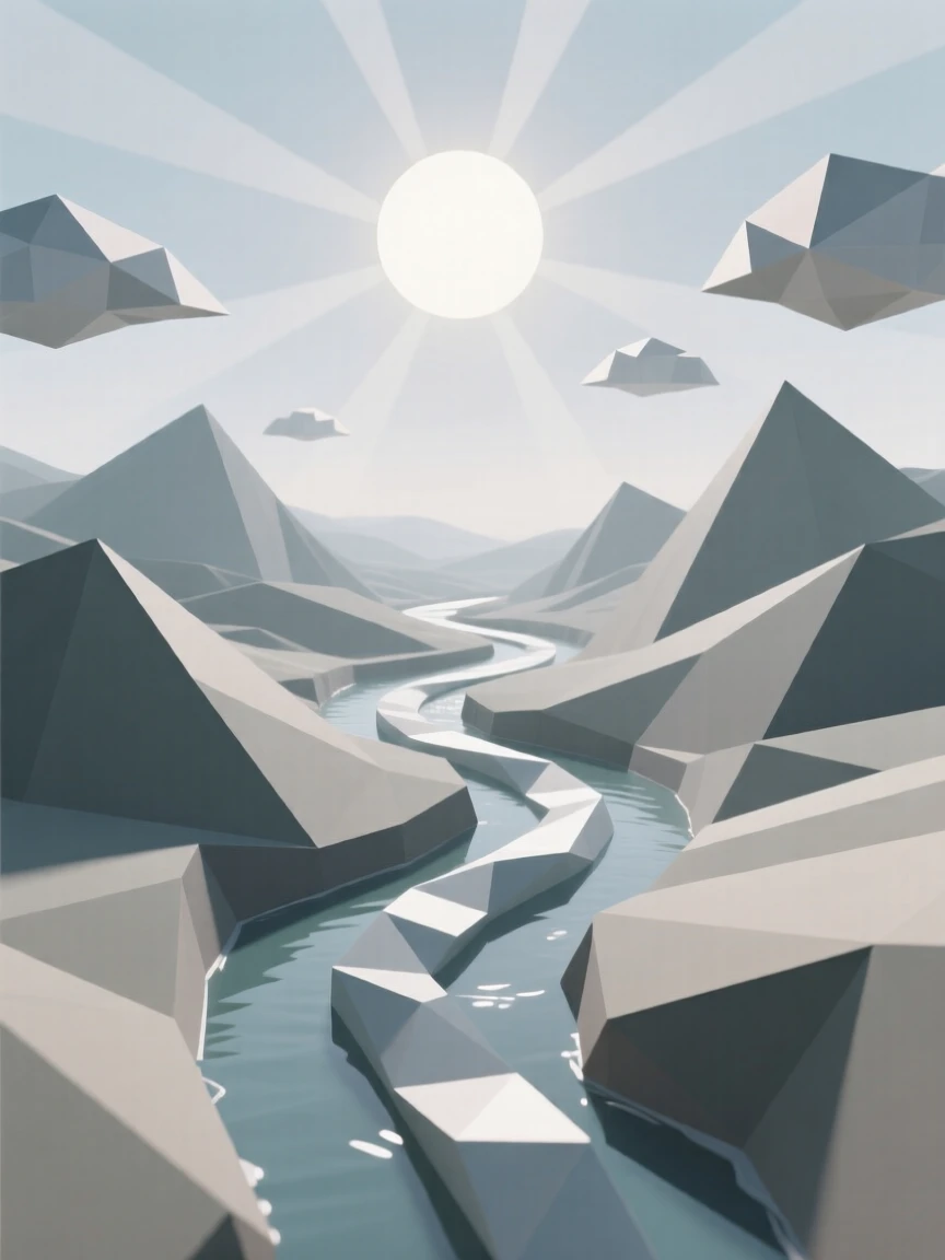 A river winding through a lush green valley, as the sun begins to rise. soft light rays break through scattered clouds. The mood is dreamy and otherworldly.