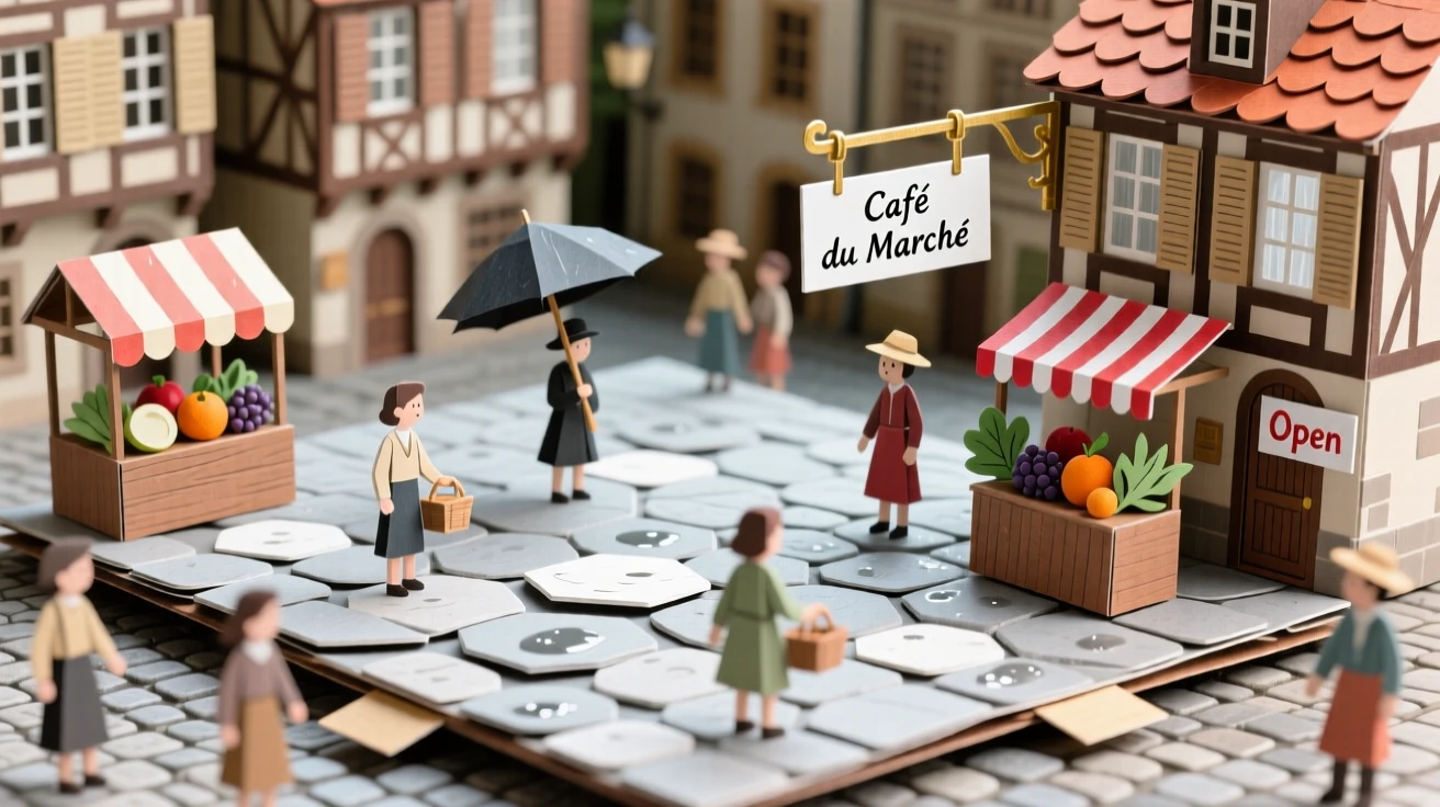 A historic old town square bustling with life at midday, with cobblestones glistening from recent rain, conveying vibrant local energy.