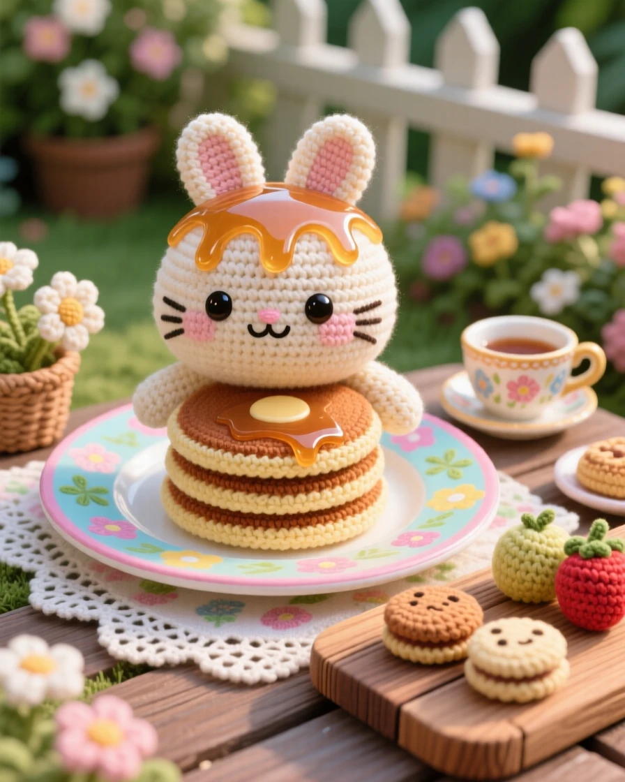 A delightful still-life of a plump soft pancake character shaped like a small animal with a drizzle of syrup, served on a colorful breakfast plate within a garden patio set for afternoon tea; a rustic wooden serving board nearby, full of a cozy sense of shared treats.