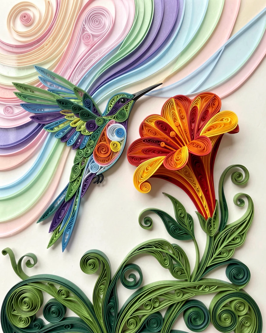 A striking wildlife scene of a hummingbird hovering beside a trumpet flower beneath a sky shimmering with soft aurora colors, beneath a sky streaked with vivid color, shot from a low, powerful ground-level angle.