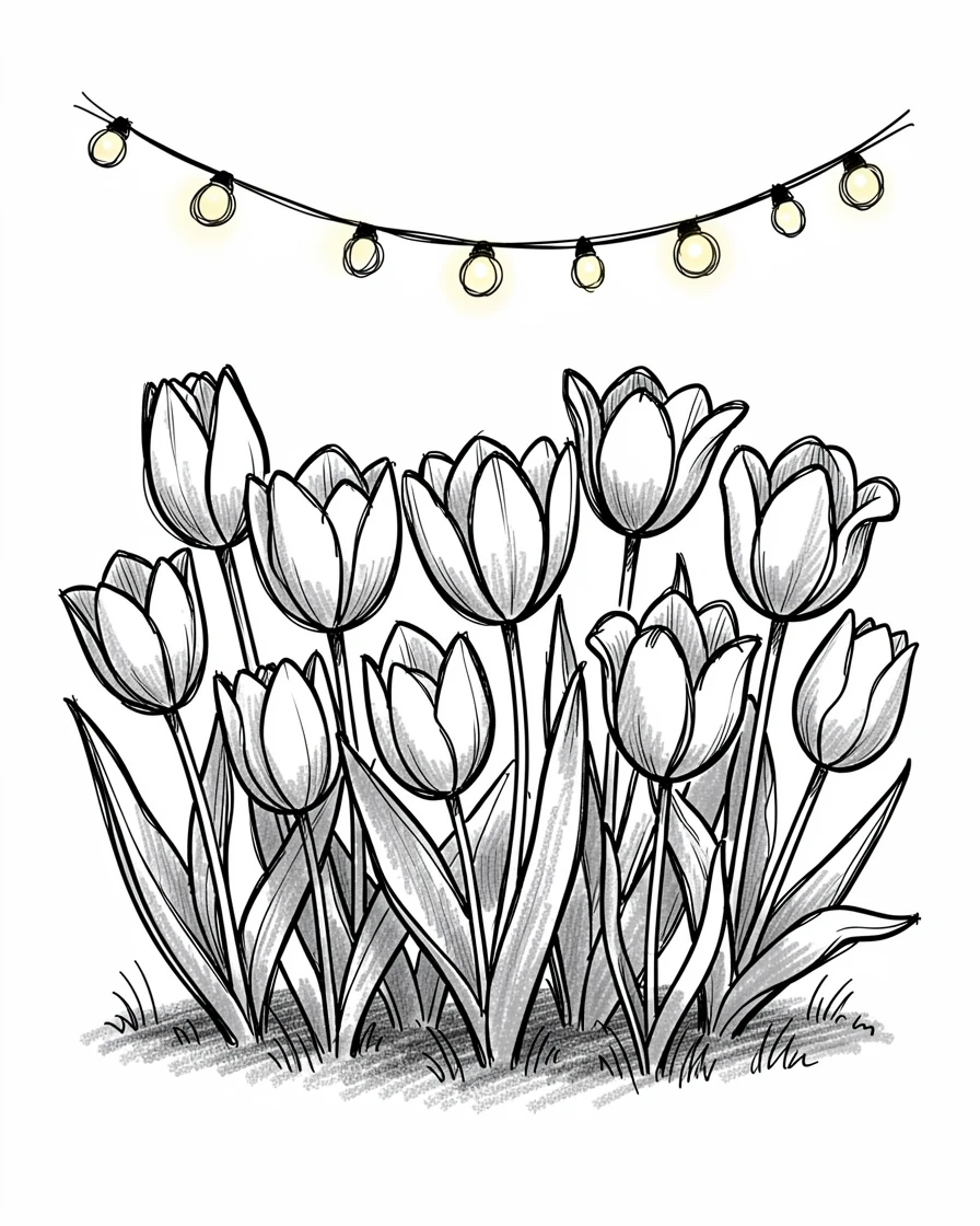 A garden full of blooming spring tulips under twinkling string lights at dusk.