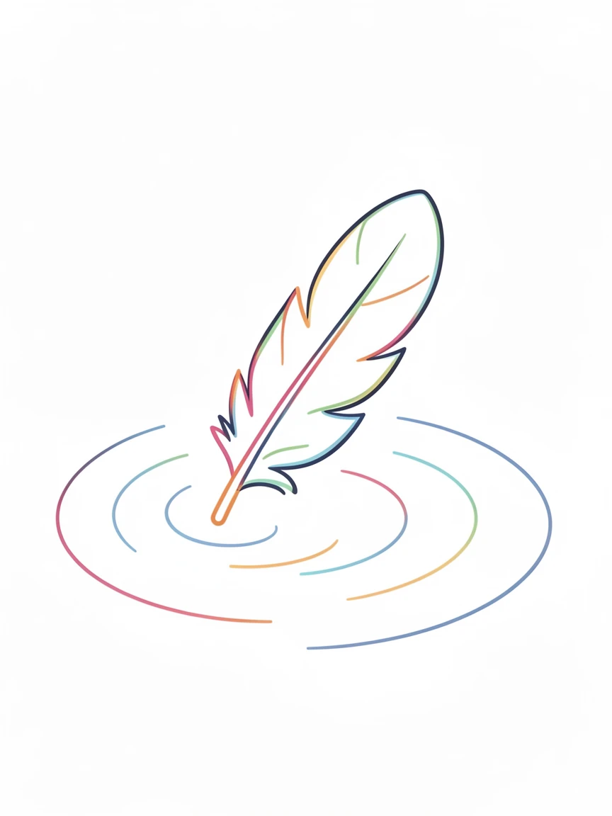 A single feather drifting on the surface of a calm pond.