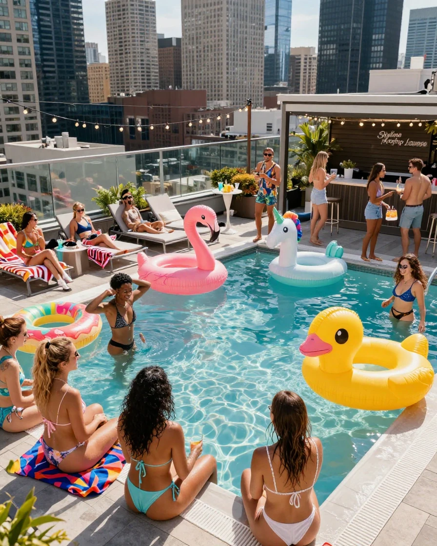 A rooftop pool party with colorful inflatables