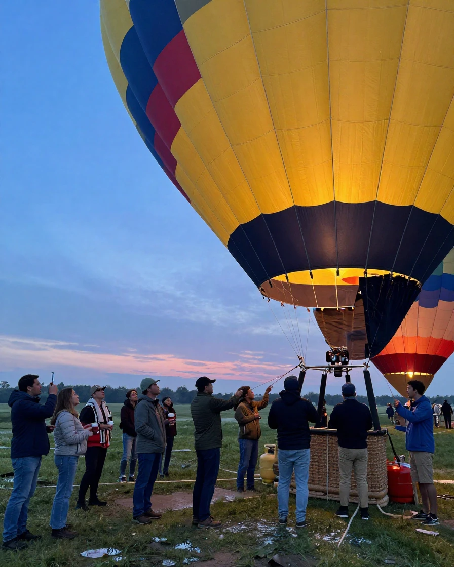 A hot air balloon crew inflates the massive envelope before dawn as onlookers gather.