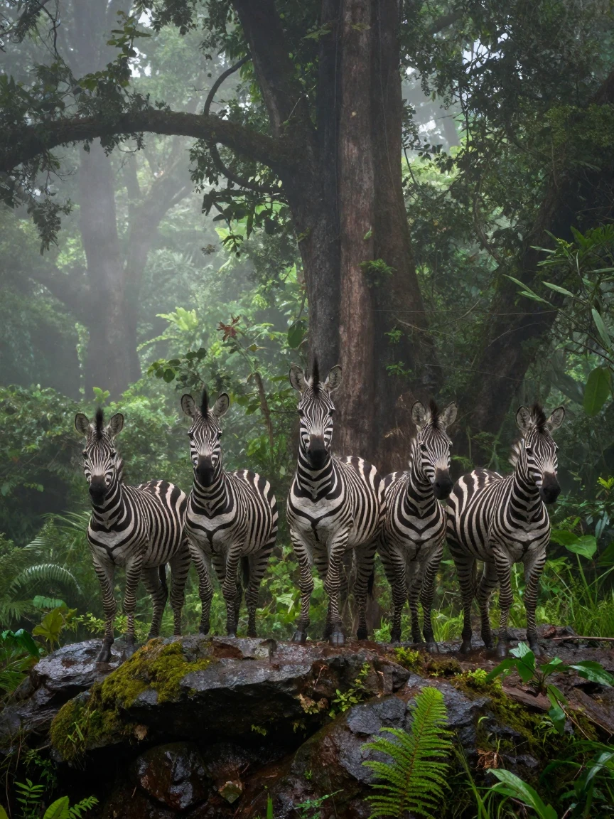 A herd of zebras watching alertly from atop a rocky outcrop deep within a misty rainforest