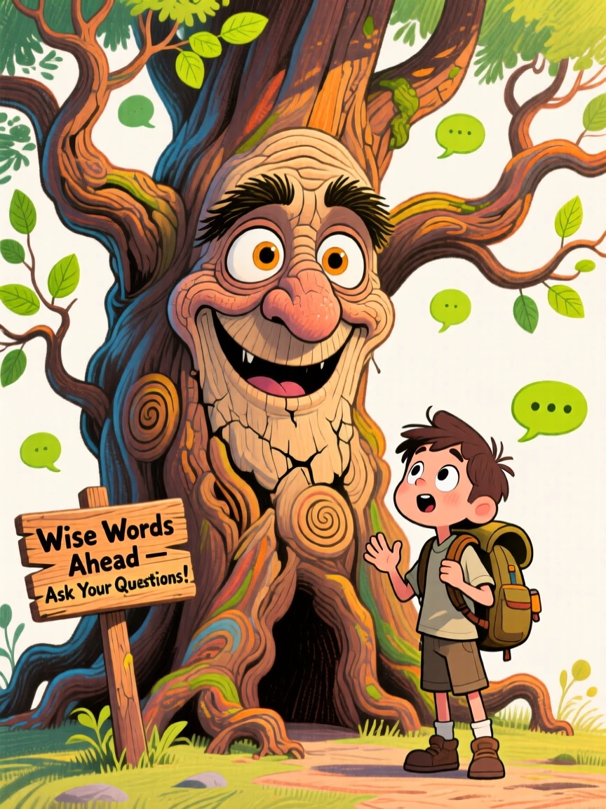 A talking tree offering wise advice to a curious young traveler.