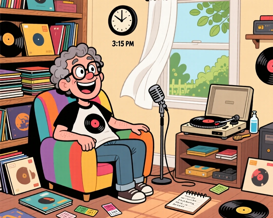 An everyday-life snapshot of a devoted vinyl record collector, surrounded by all the tools of their craft, as soft light streams through a nearby window.
