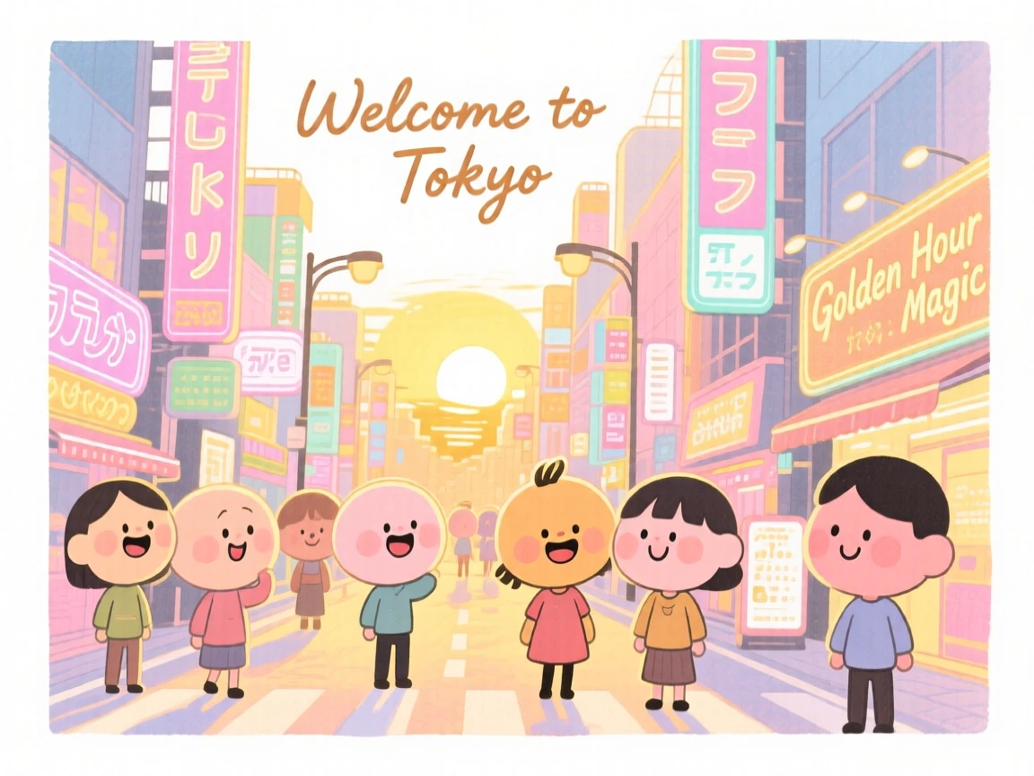 A dreamy travel postcard scene of a bustling Tokyo street glowing with neon signs at golden sunset