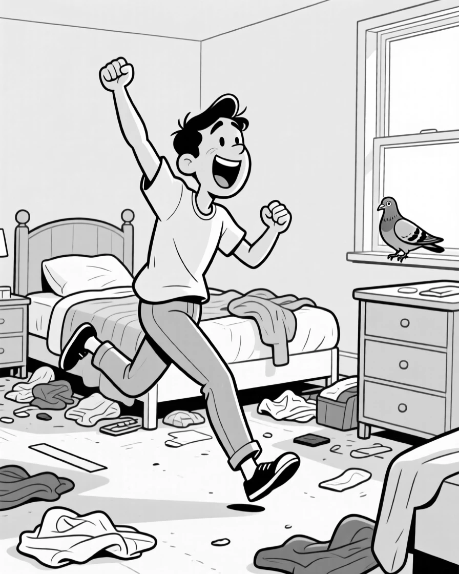 A person doing an exaggerated victory dance over parking spot, flailing one arm while sprinting at full speed, set in a bedroom cluttered with clothes. A nearby pigeon watches with apparent judgment. The scene captures the comedy hidden in ordinary days.