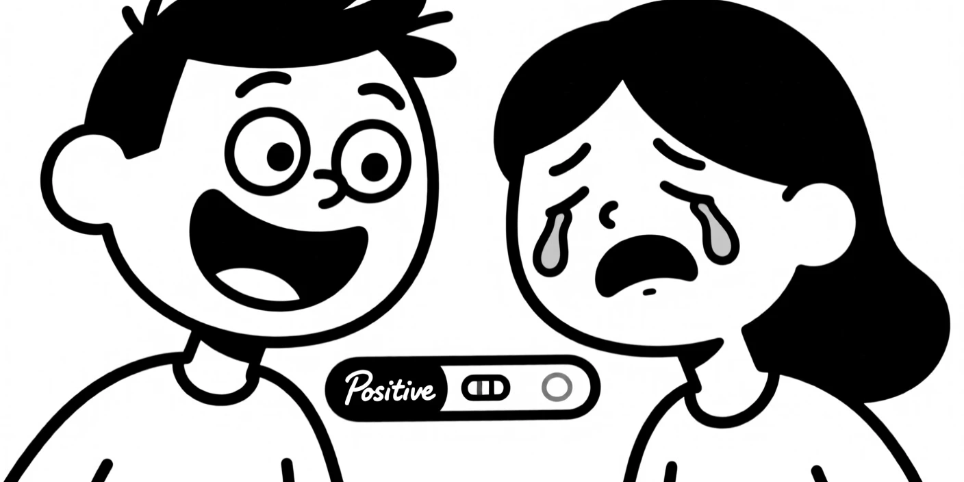A couple looking at a positive pregnancy test together, one laughing and one crying happily.