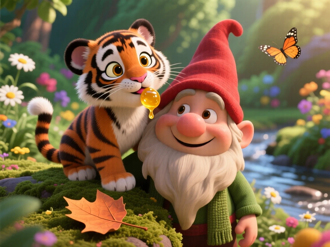 A stripy baby tiger cub is perched on a garden gnome's shoulder, licking a drop of honey off its nose. The mood is soft, tender, and endearing, with a single fallen leaf beside it.