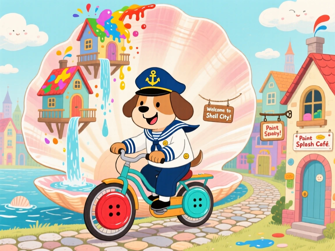 In a city built inside a giant seashell, a dog dressed as a sea captain spends the day riding a bicycle with mismatched wheels made of buttons, with color spilling from every rooftop.