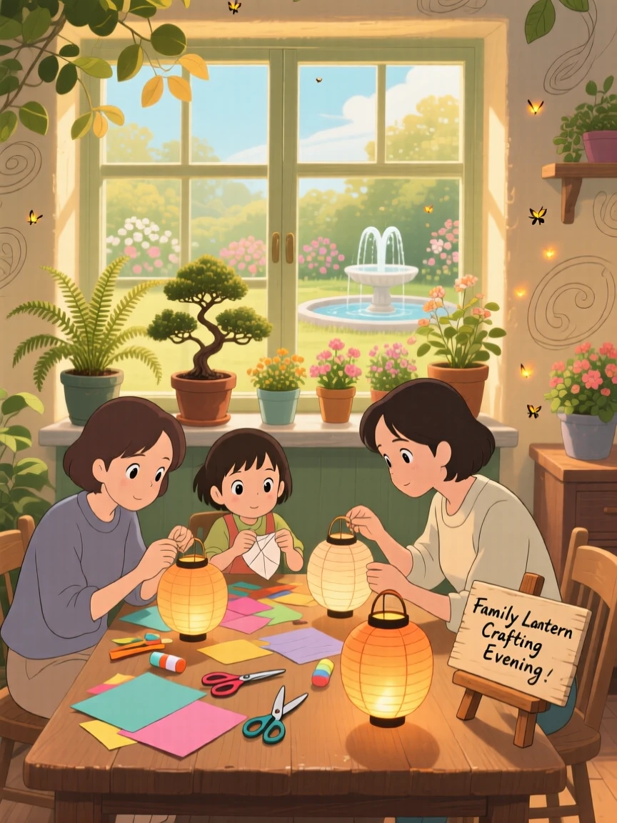 A family gathered around a table making paper lanterns, potted plants lining the windowsill, the whole scene feeling quietly content.