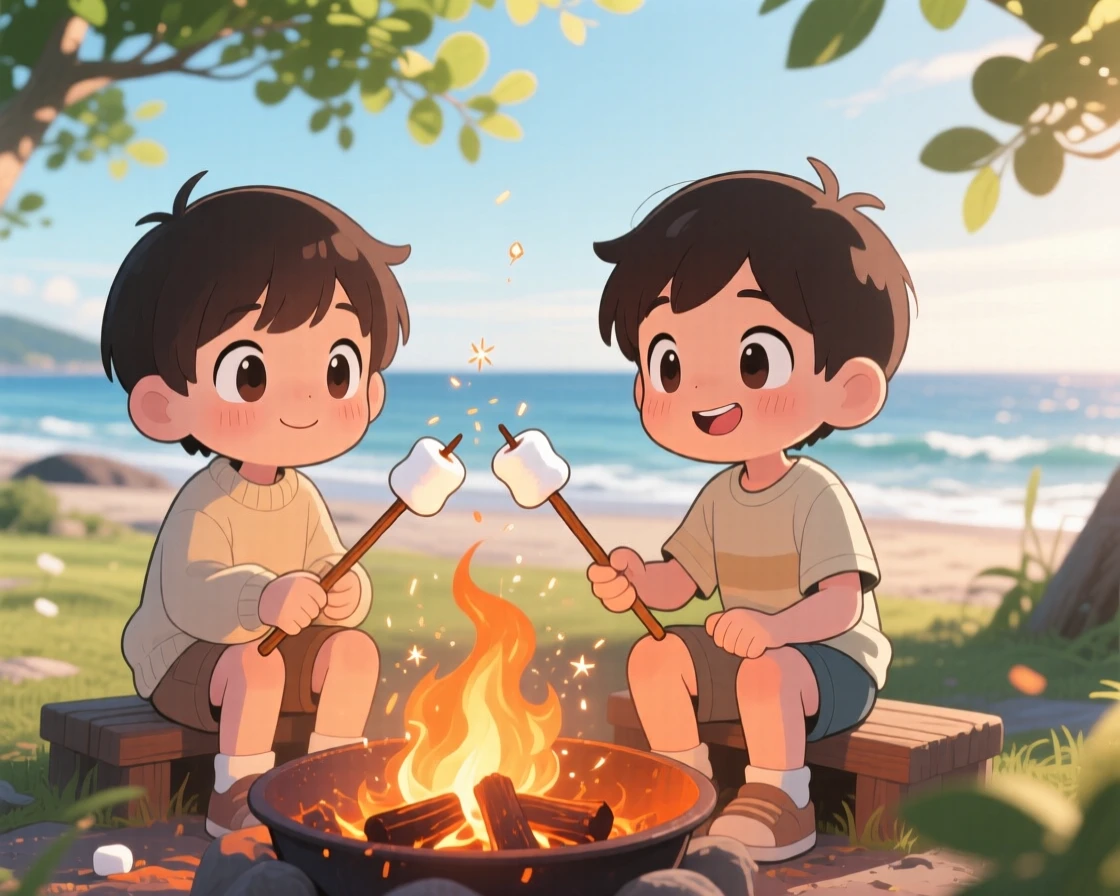 In a cozy backyard fire pit, siblings are roasting marshmallows together on a breezy coastal afternoon, bathed in warm morning light filtering through leaves, expression full of eager anticipation. Shot as a waist-up portrait.