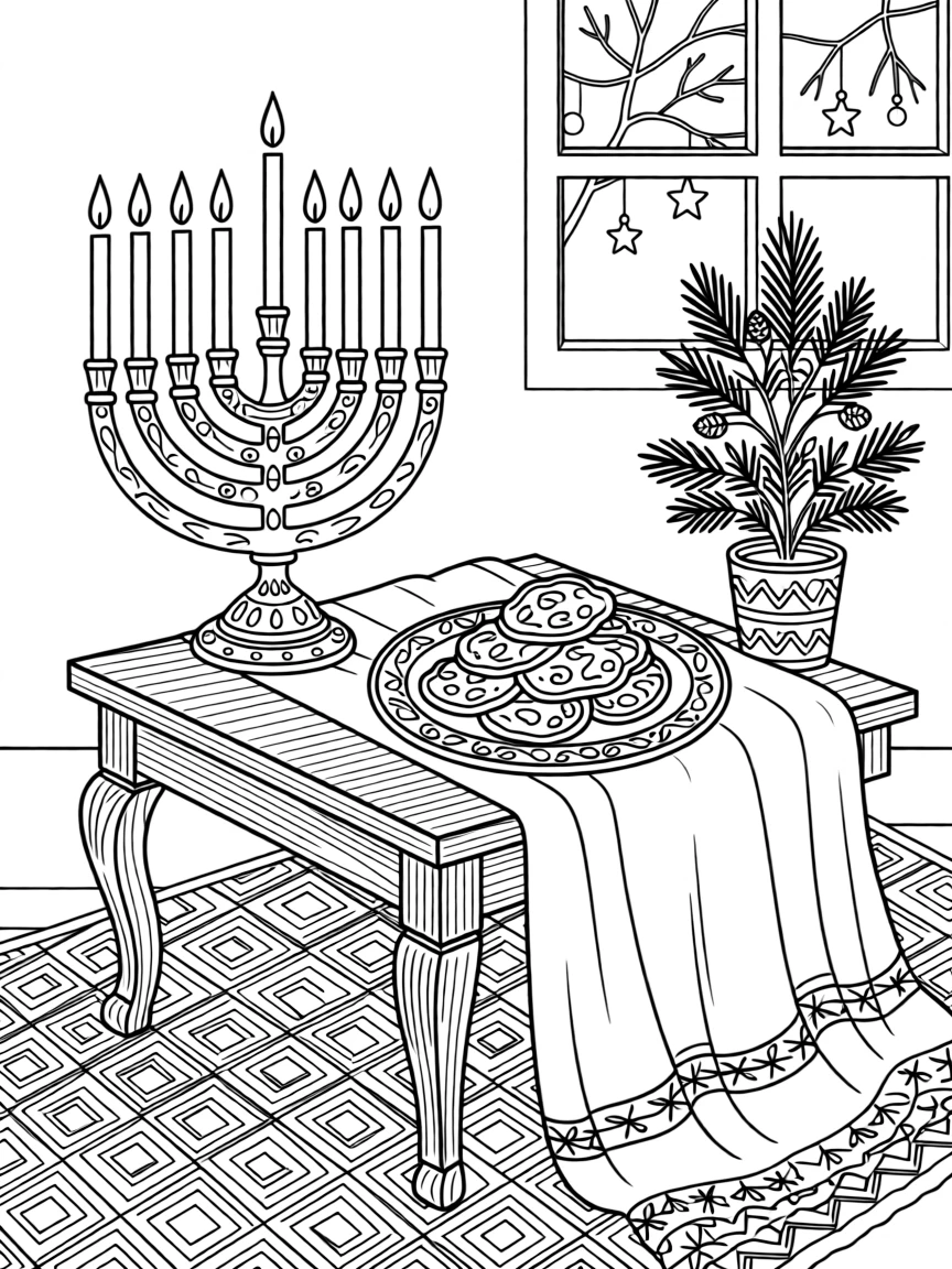 A winter holiday scene with a menorah glowing beside a plate of latkes.