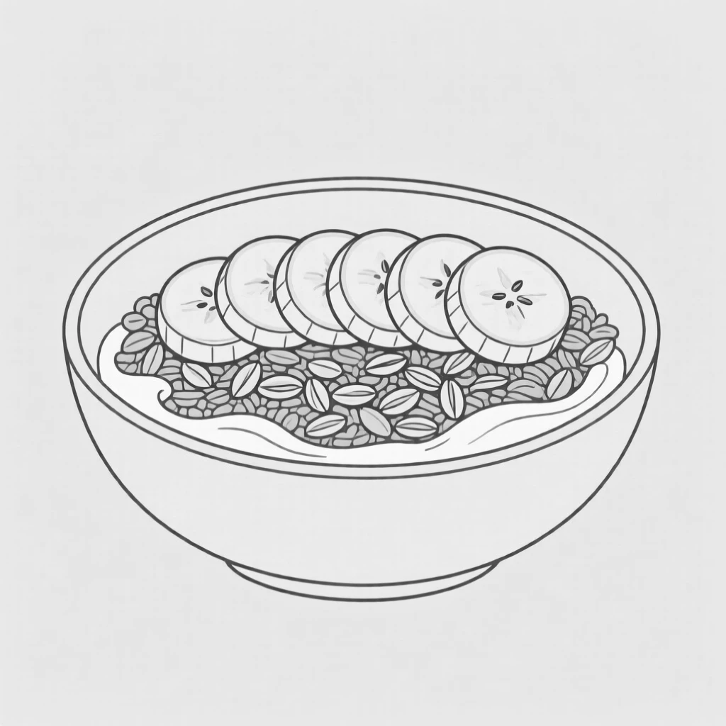 A bowl of granola with milk and sliced banana on top