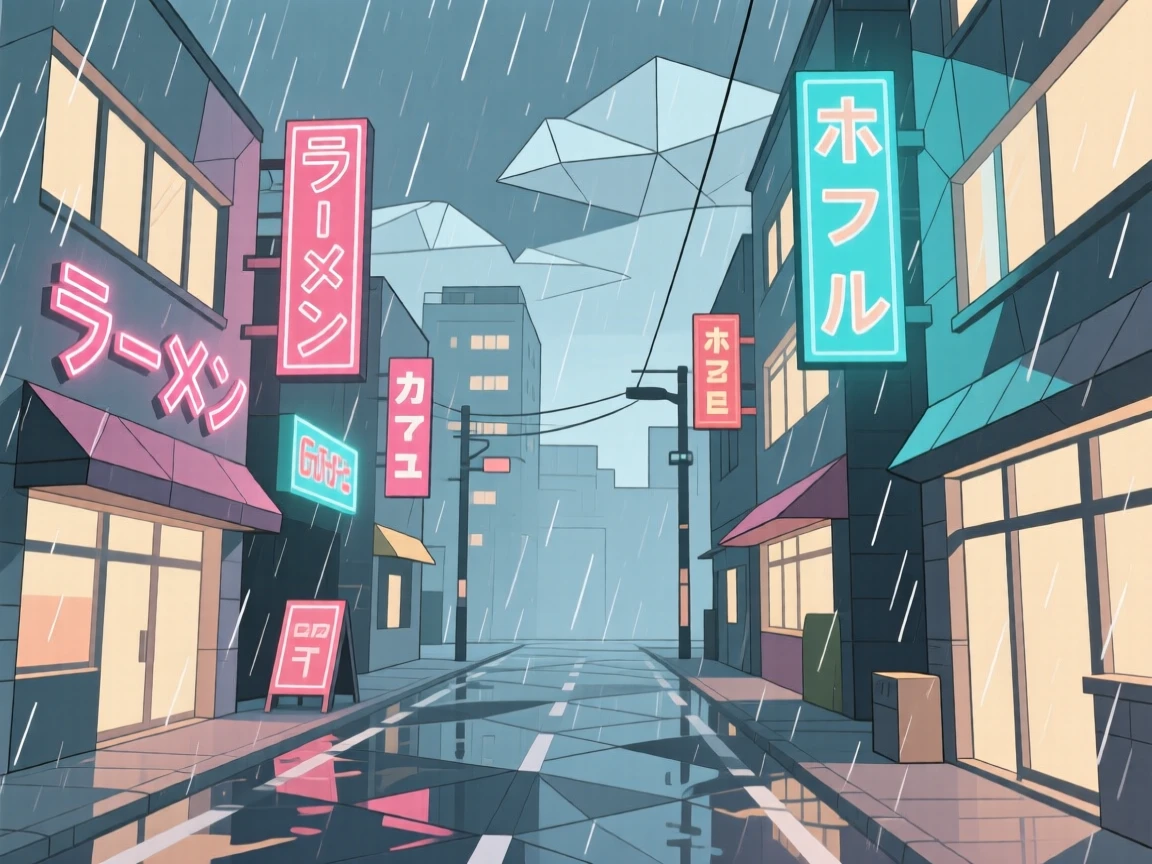 A rainy Tokyo street lit by neon signs