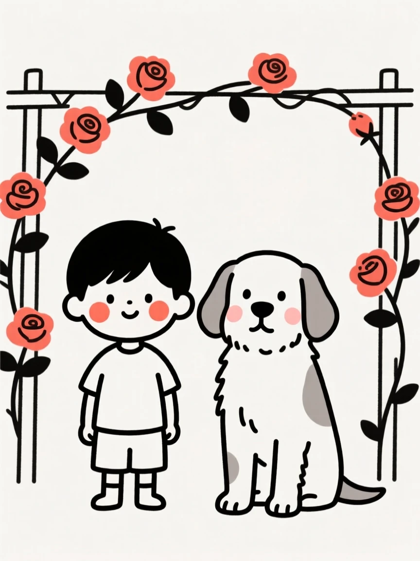 A little boy with a loyal old dog, beaming with pride, beside a blooming rose trellis.