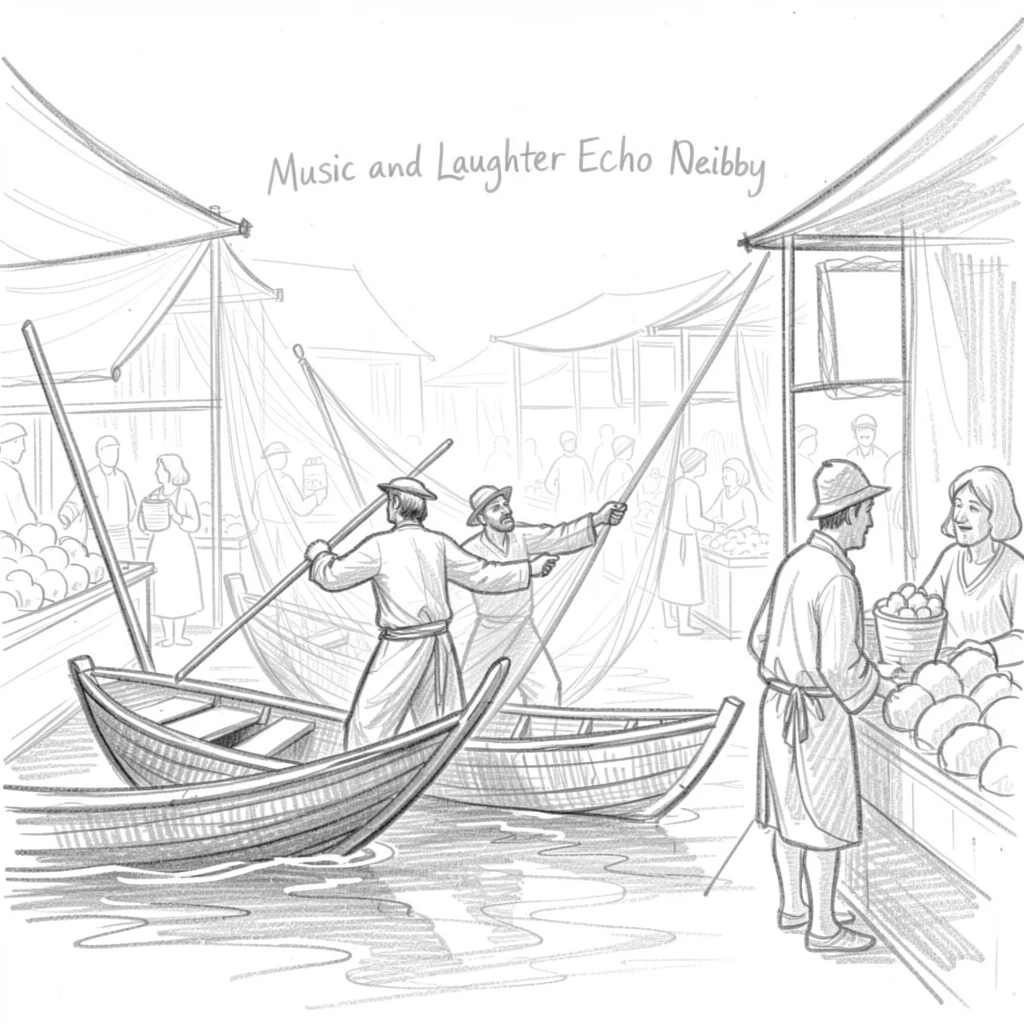 Fishermen casting nets from wooden boats at dawn, in a vibrant open-air bazaar, with music and laughter echoing nearby.