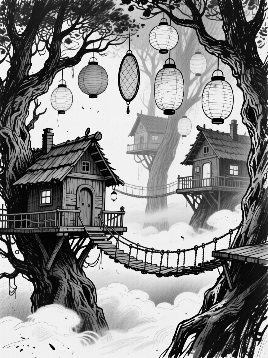 A treehouse village connected by rope bridges in the clouds, under a canopy of colorful lanterns.