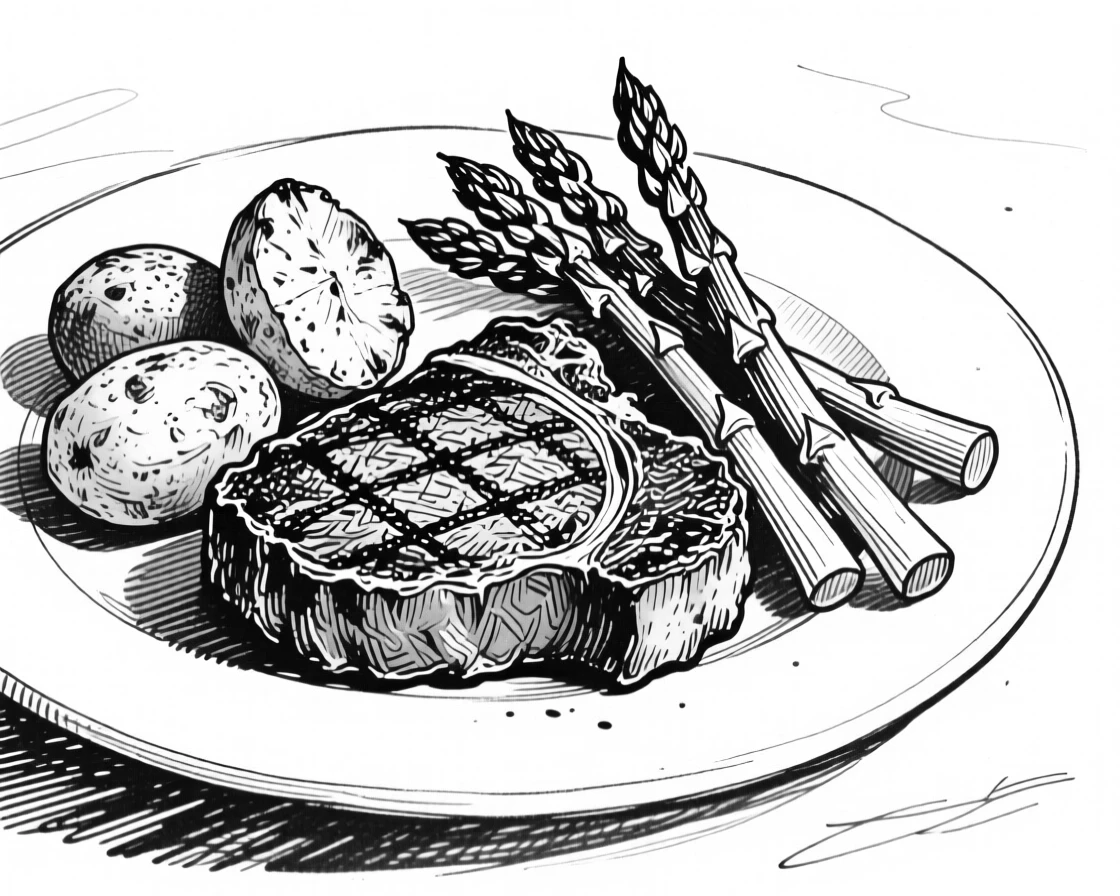 A plate of freshly grilled steak with roasted potatoes and asparagus.