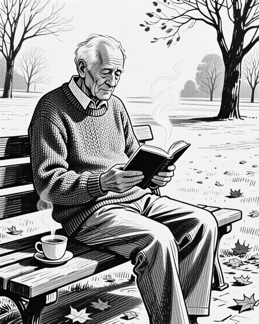 An elderly man reading on a park bench in a sunlit park during autumn, with a cup of tea resting close by, creating a tender and sincere lifestyle scene.