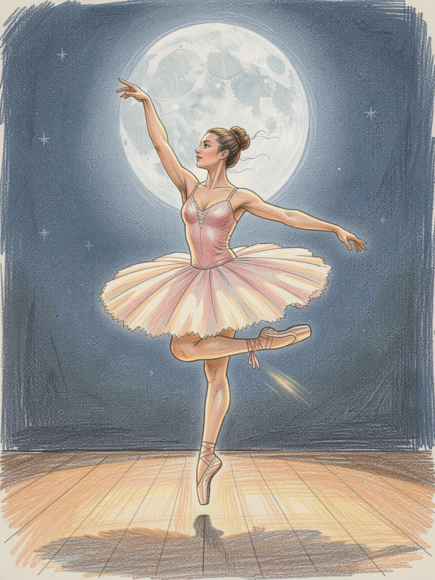 A ballerina in mid-leap on a moonlit stage, bathed in the warm glow of golden-hour light, designed to feel inviting, memorable, and shareable.