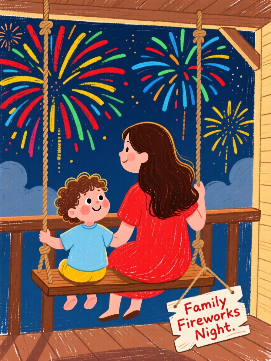 A mother and her toddler watching fireworks together from a porch swing.