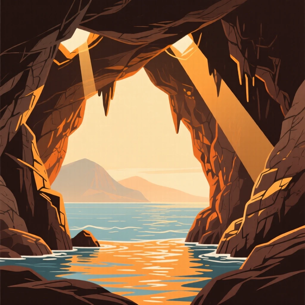 A dramatic sea cave illuminated by shafts of sunlight, with distant mountains fading into soft haze, captured with warm inviting light filling the frame, with a nostalgic, postcard-like charm.