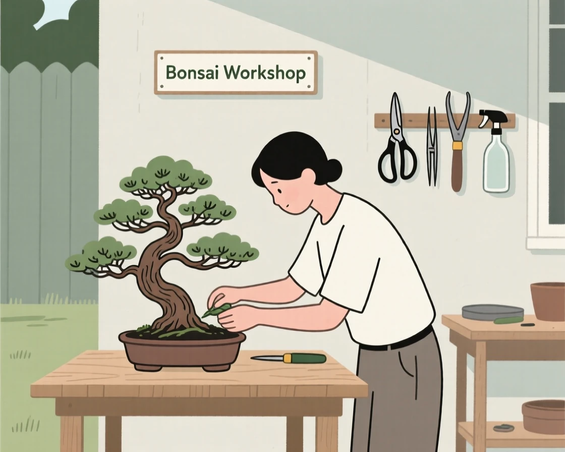 A person tending a bonsai tree in a backyard workshop.