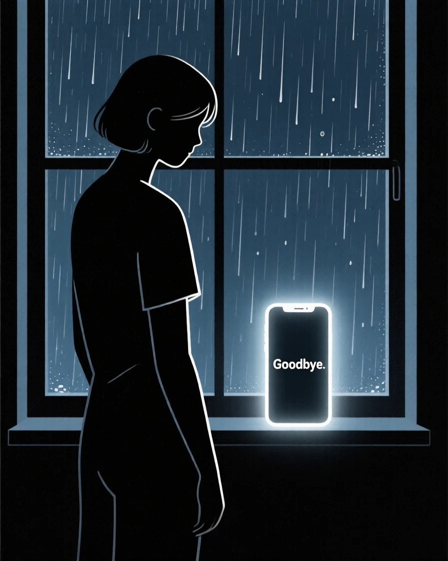 A quiet moment of bittersweet farewell as a dreamer gazing upward pauses in a rain-streaked window beside a glowing phone screen.
