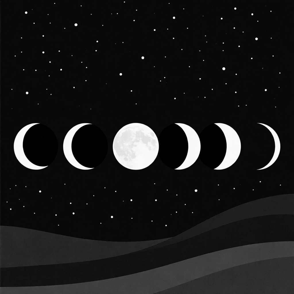 The phases of the moon shown in sequence across a night sky.