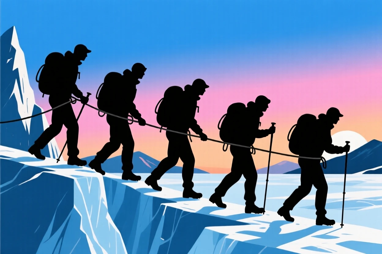 A group of trekkers crossing a glacier roped together for safety.