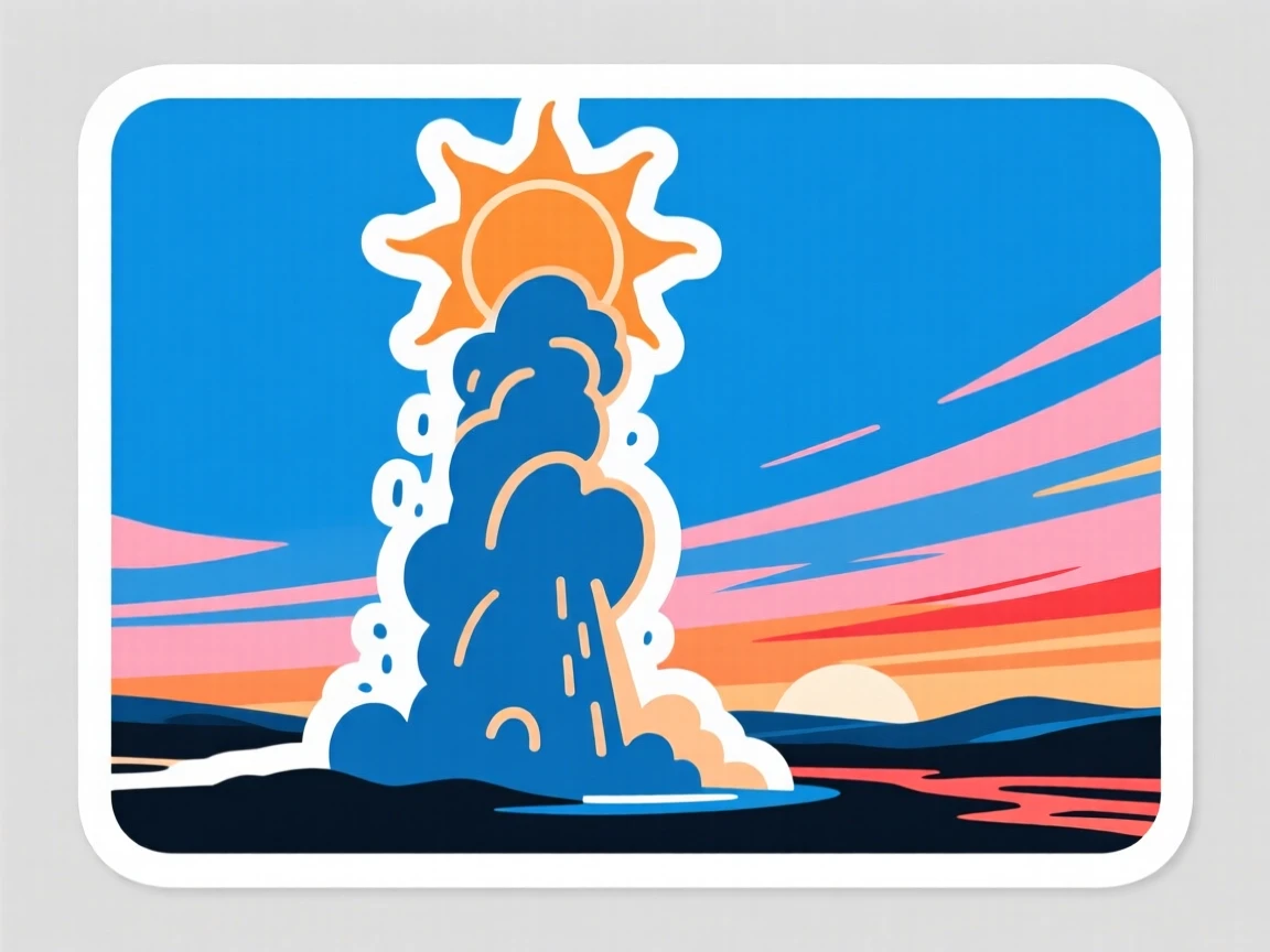 A sun-drenched Icelandic geyser erupting against a blue sky, under a sky streaked with warm colors, in a moment worth remembering forever.