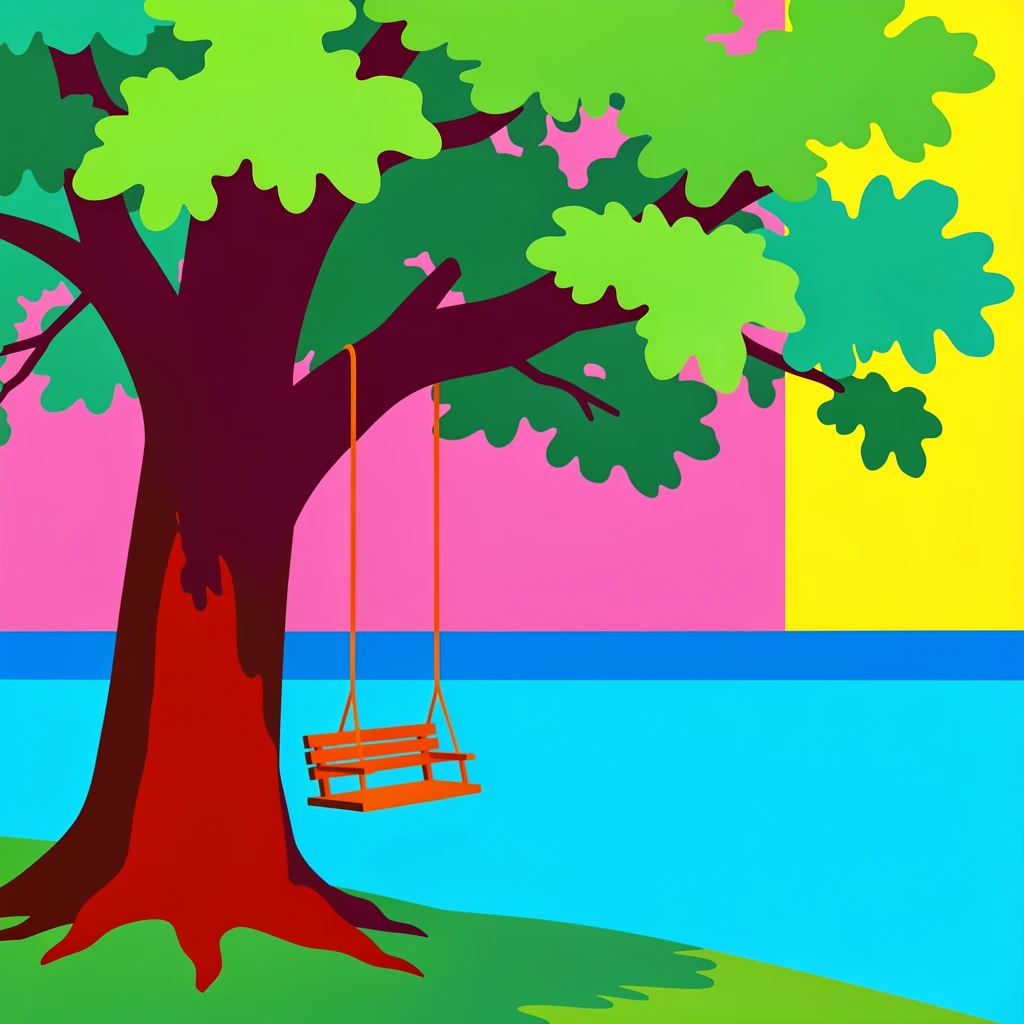 A wooden swing hanging from a large oak tree overlooking a lake