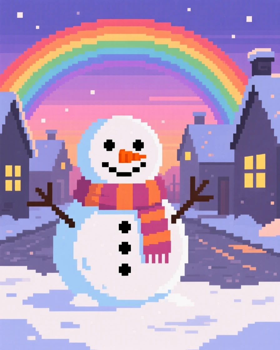 A snowman wearing a scarf framed by a rainbow after summer rain, on a snowy village street at dusk.