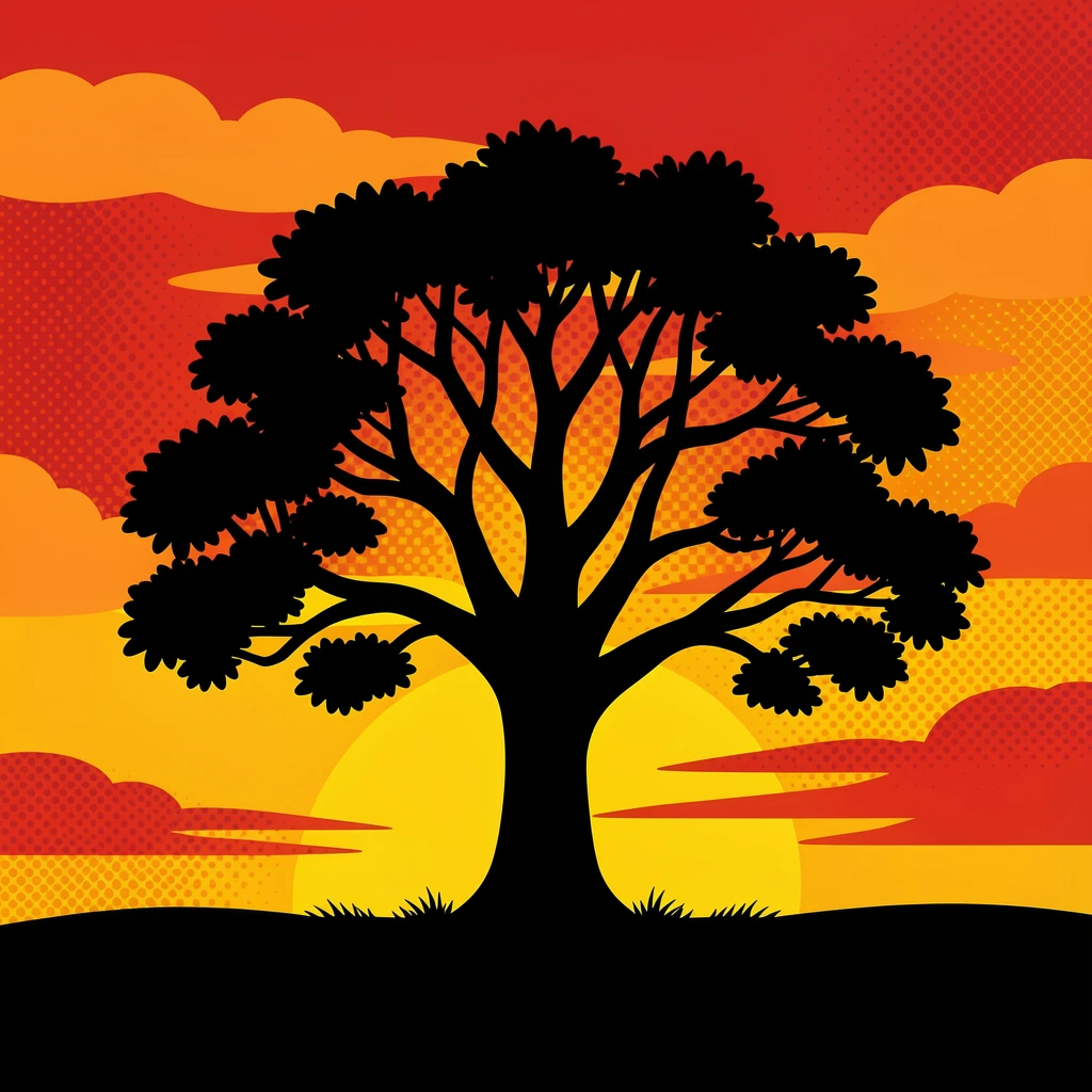 A lone tree silhouetted against a dramatic sunset sky