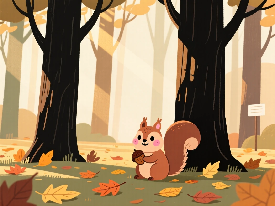 Sunlight filters through a quiet forest of towering oaks, casting dappled golden light across a forest floor scattered with fallen leaves.