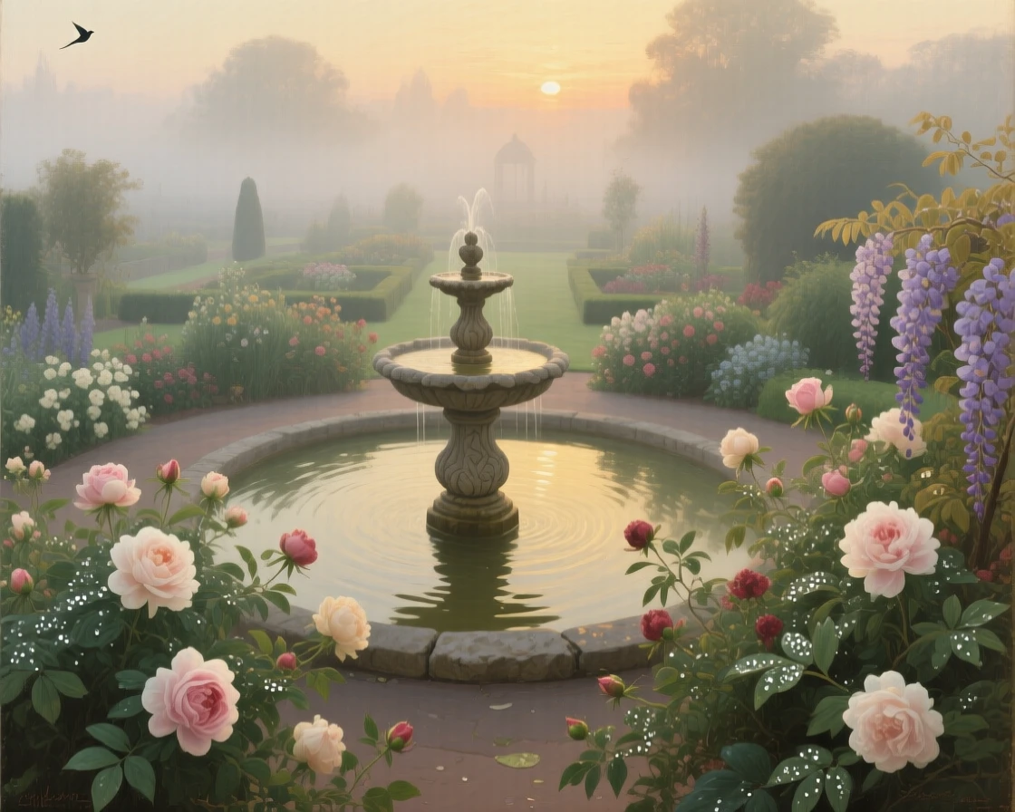 A bird's-eye view of a botanical garden with a stone fountain surrounded by blooming flowers, in thick fog, just after sunrise.
