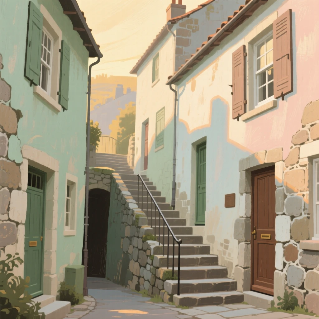 A narrow staircase street climbing between stone cottages