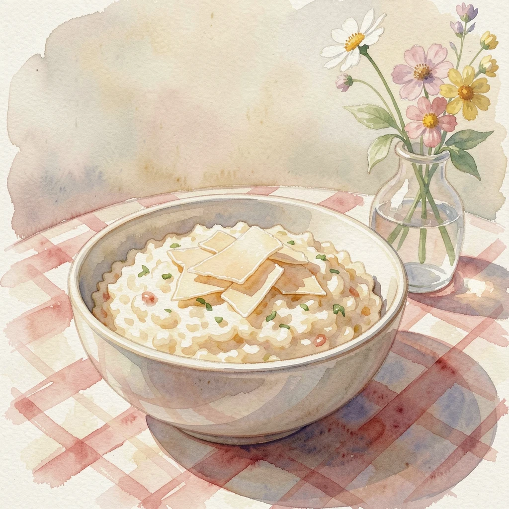 A bowl of creamy risotto with parmesan shavings on a checkered tablecloth with a small vase of flowers nearby.