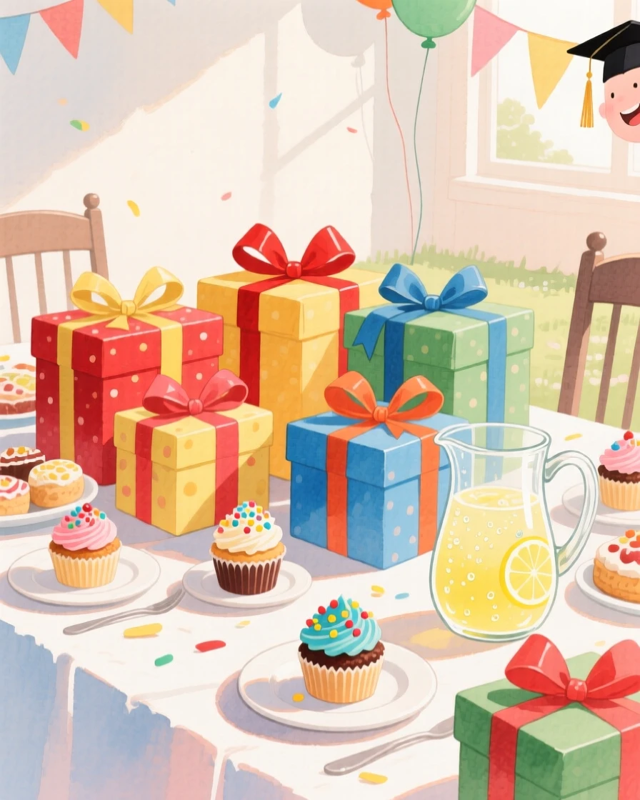 A joyful scene of a graduation party, with gifts and treats wrapped in bright paper, capturing the warmth of the celebration