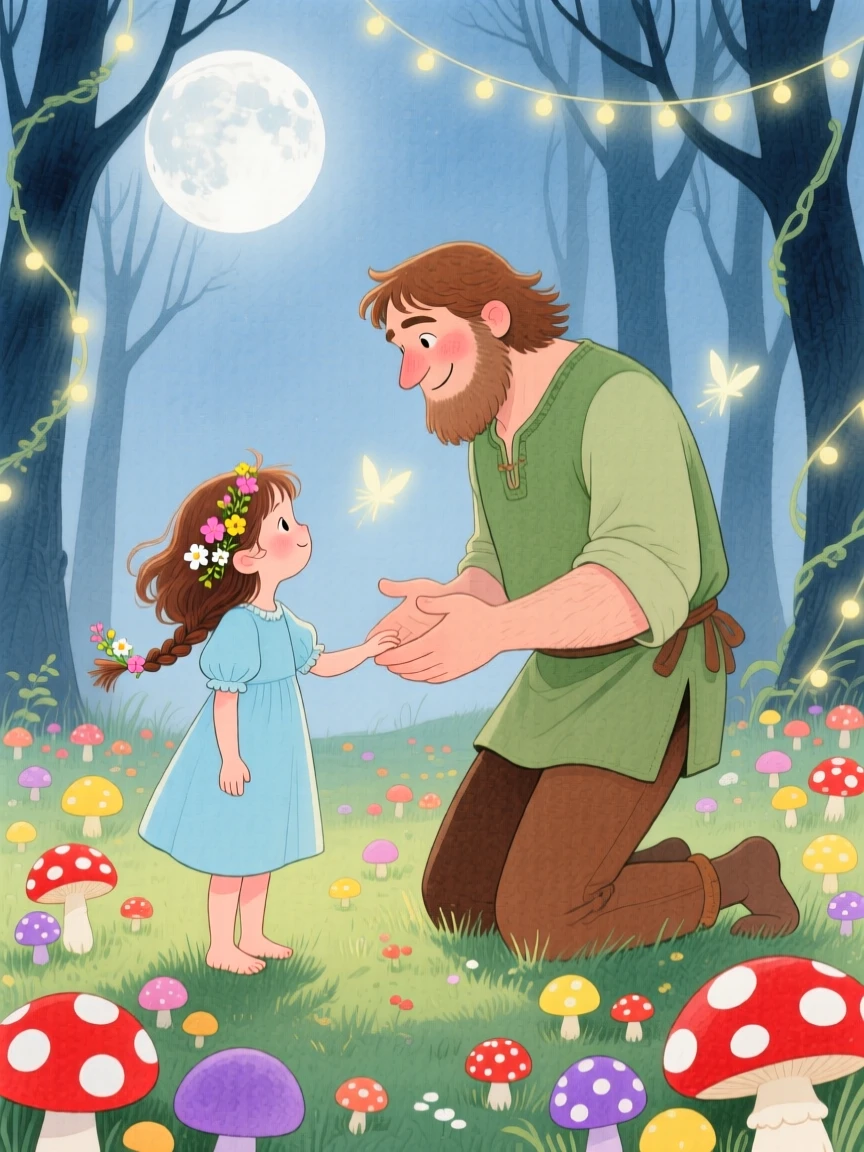 A barefoot girl with flowers in her hair meeting a kind-hearted giant in a moonlit clearing full of mushrooms.