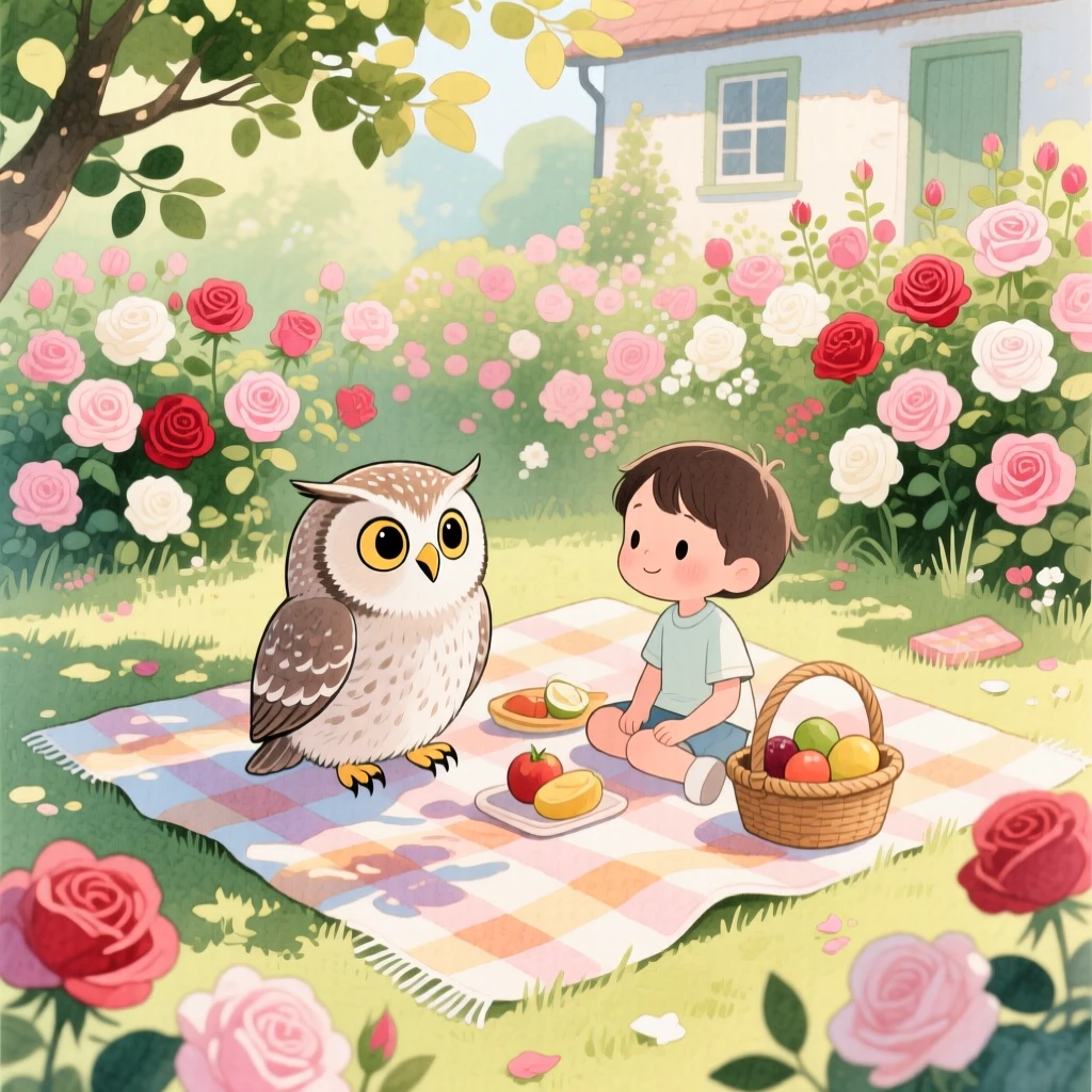 A curious owlet sharing a picnic blanket with a child, set in a sunny cottage garden overflowing with roses, filled with wide-eyed wonder.