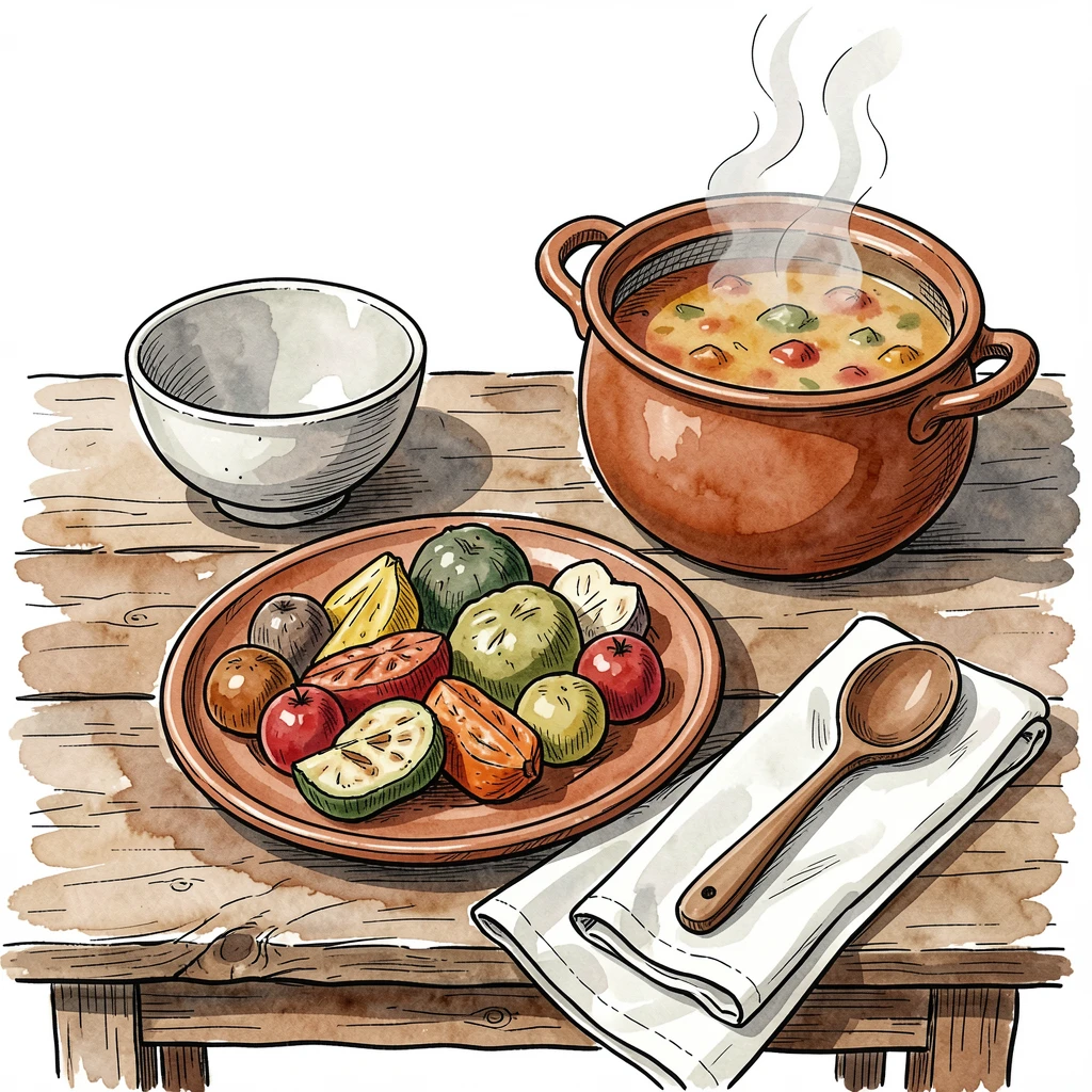 A rustic table set with roasted vegetables and a pot of hearty soup, rustic tableware adding warmth and character to the setting.
