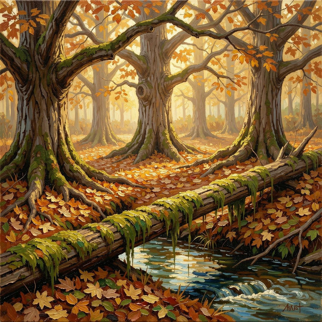 A moss-covered forest floor beneath ancient oaks, along a trail carpeted with fallen leaves, a fallen, moss-covered log forming a bridge over the stream, at golden hour, warm light filtering through the leaves.