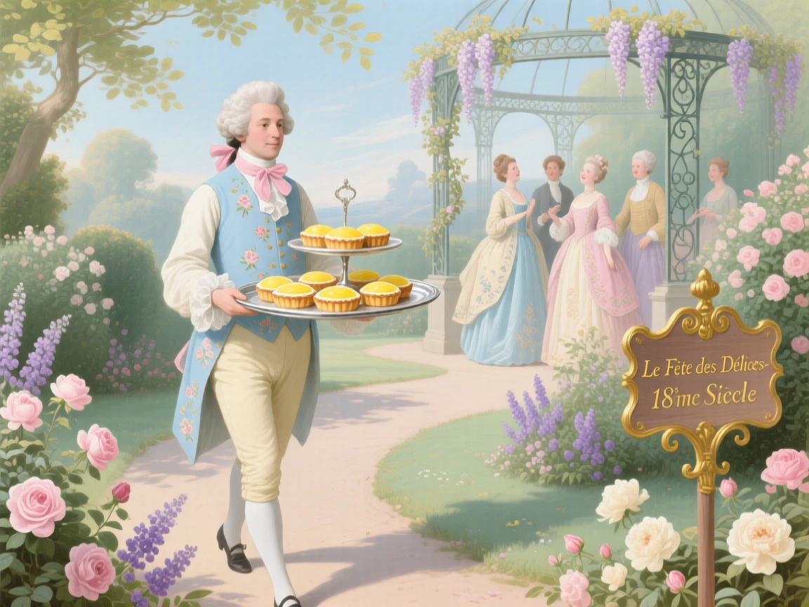 A pastry chef carrying a tray of lemon tarts to a garden party  